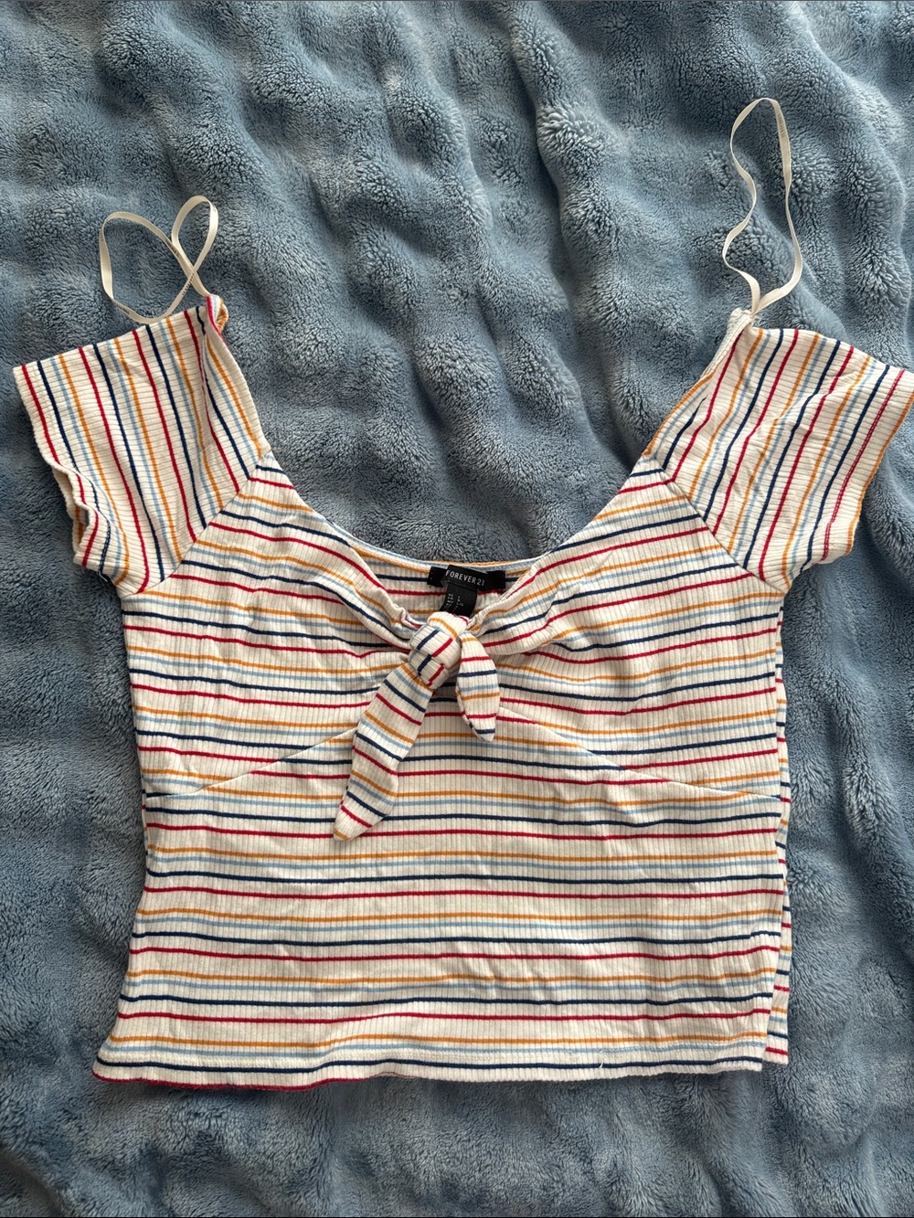 Forever 21 Cream Multicolor Striped Tie-Front Crop Top